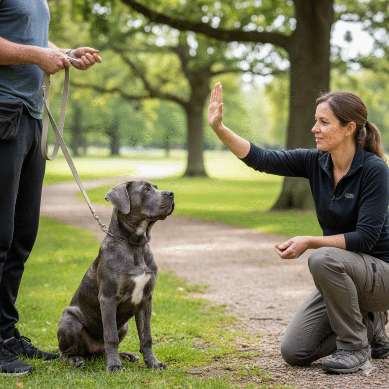 Cane Corso puppy in obedience training with owner