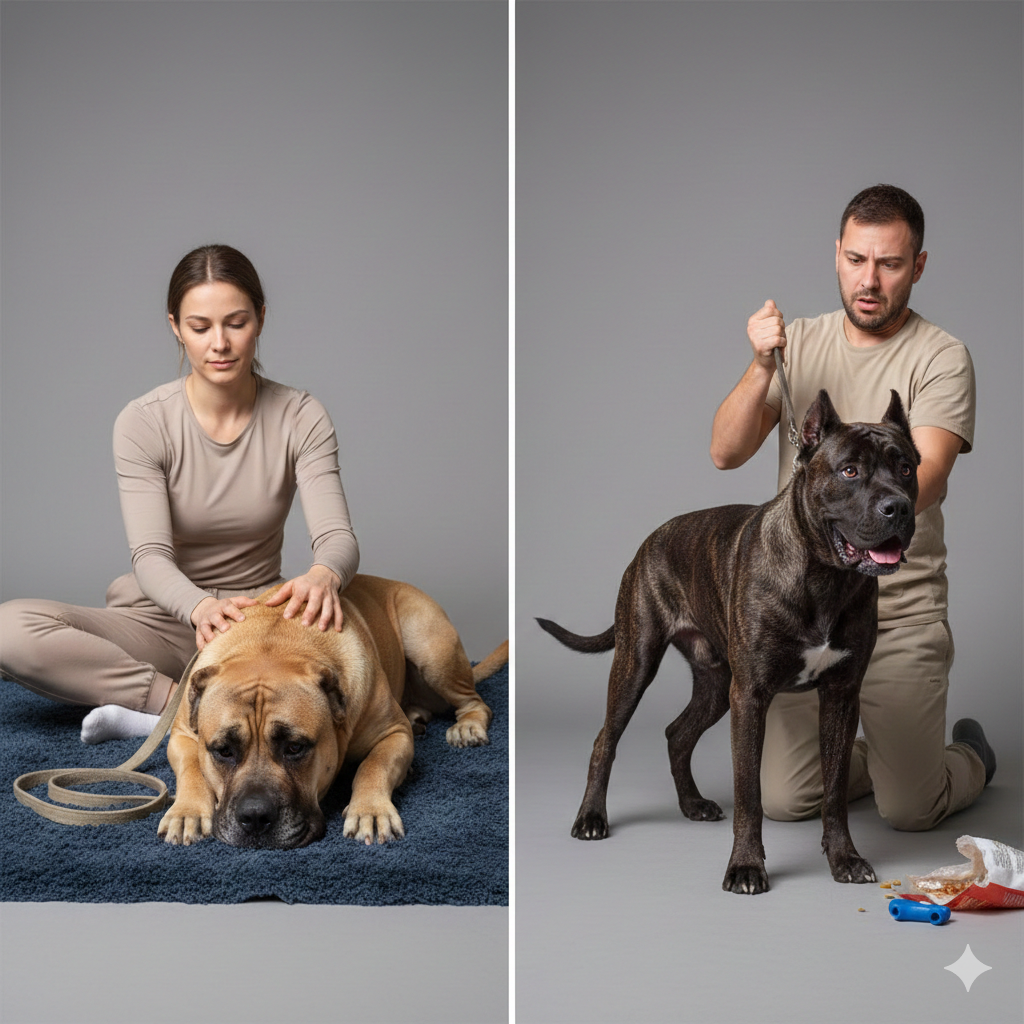 Comparison of a calm well-trained Cane Corso with a stressed Cane Corso showing tense body language due to poor handling