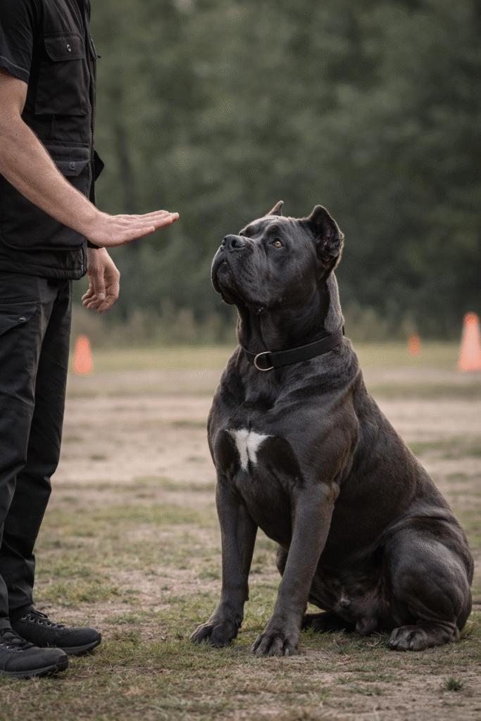 Cane Corso responding to training command with focused attention and calm behavior
