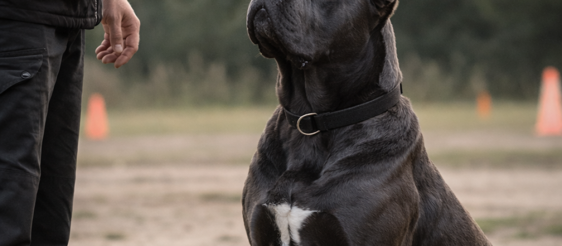 Cane Corso responding to training command with focused attention and calm behavior