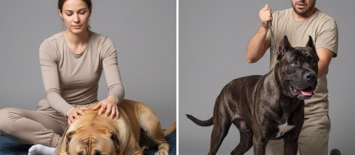Comparison of a calm well-trained Cane Corso with a stressed Cane Corso showing tense body language due to poor handling