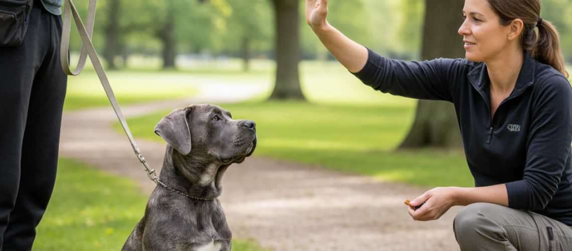 Cane Corso puppy in obedience training with owner